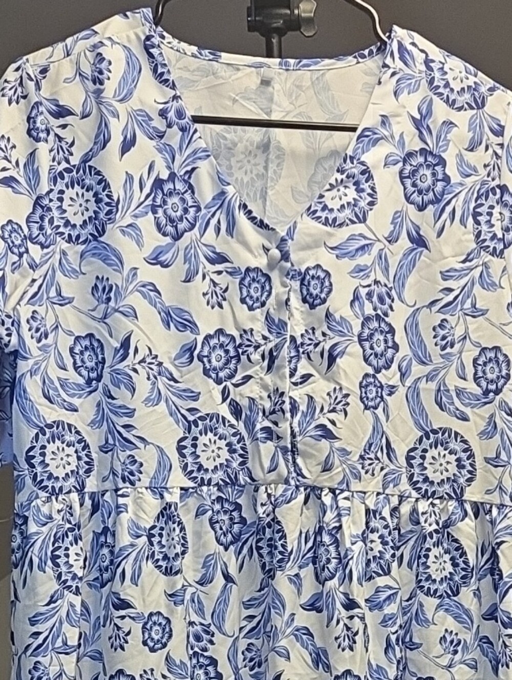 Blue & White Floral V-Neck Midi Dress